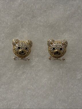 Swarovski Gold Crystal Teddy Bear Stud Earrings w/ Diamond Bow Ties